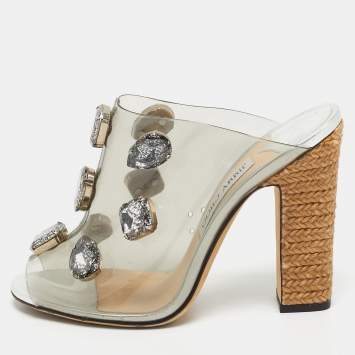 Jimmy Choo Silver PVC Crystal Embellished Mule Sandals Size 39