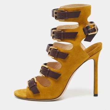 Pre Owned Jimmy Choo Yellow/Brown Suede and Leather Trick Caged Sandals Size 39