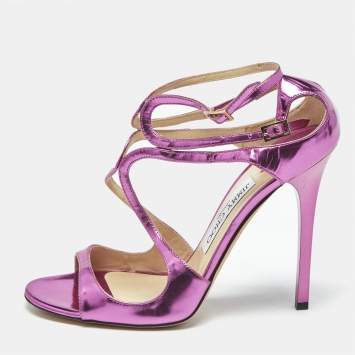 Pre Owned Jimmy Choo Metallic Pink Patent Leather Azia Ankle Strap Sandals Size 38