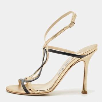 Pre Owned Jimmy Choo Black/Gold Patent and Leather Ankle Strap Sandals Size 37