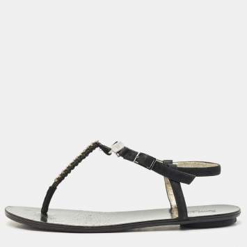 Pre Owned Jimmy Choo Black Shimmer Suede Wander Crystals T-Strap Sandals Size 37