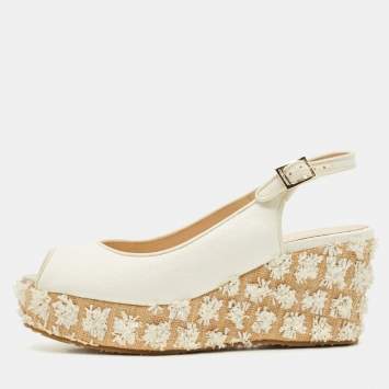 Pre Owned Jimmy Choo Off White Leather and Raffia Dakota Wedge Sandals Size 39