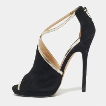 Pre Owned Jimmy Choo Black Suede and Leather Fey  Ankle Strap Sandals Size 36.5
