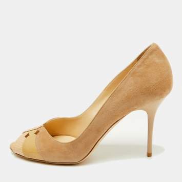 Jimmy Choo Beige Suede and Leather Open Toe Pumps Size 39