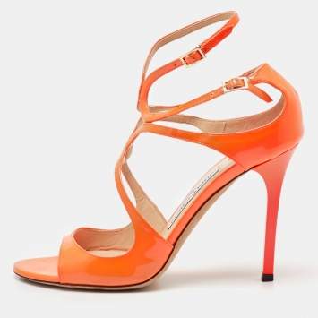 Pre Owned Jimmy Choo Neon Orange Patent Leather Lance Ankle Sandals Size 37.5
