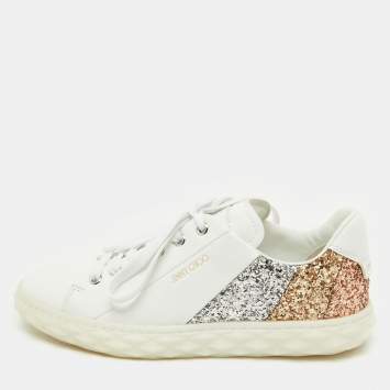Pre Owned Jimmy Choo White Leather and Glitter Detail Diamond Low Top Sneakers Size 37