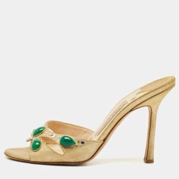 Jimmy Choo Gold Texture Suede Crystal Embellished Slide Sandals Size 36.5