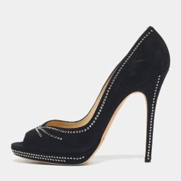 Pre Owned Jimmy Choo Black Suede Studded Peep Toe Pumps Size 41