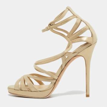 Pre Owned Jimmy Choo Light Gold Laminated Suede Strappy Sandals Size 39