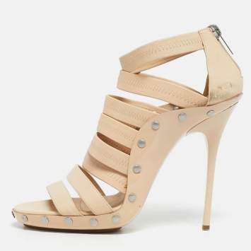 Pre Owned Jimmy Choo Beige Leather and Patent  Ankle Strap Sandals Size 37.5