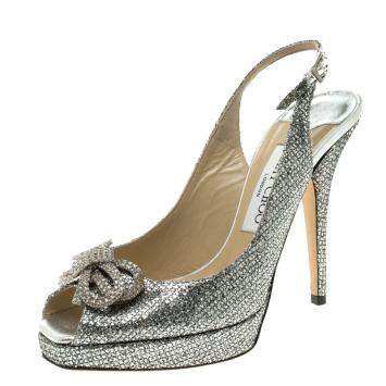 Pre Owned Jimmy Choo Silver Glitters Crystal Embellished Slingback Platform Sandals Size 37