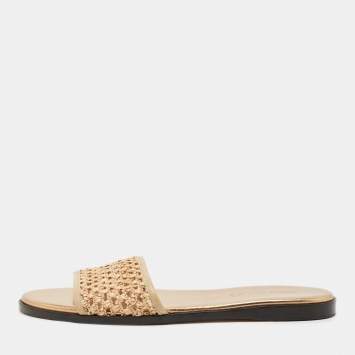 Pre Owned Jimmy Choo Beige Leather and Raffia Flat Slides Size 38