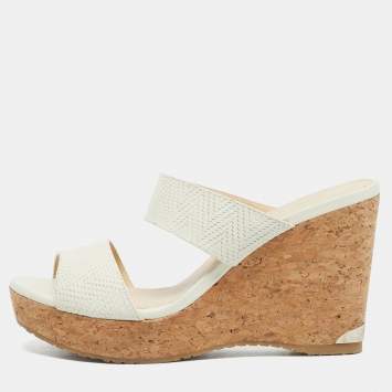 Pre Owned Jimmy Choo Cream Leather Prima Wedge Sandals Size 39.5