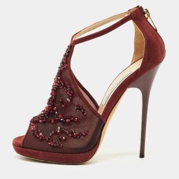 Pre Owned Jimmy Choo Burgundy Mesh and Suede Crystal Embellished Ankle Strap Sandals Size 37.5