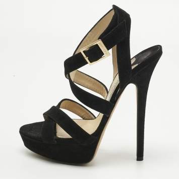 Pre Owned Jimmy Choo Black Suede Louise Crisscross Platform Sandals Size 38