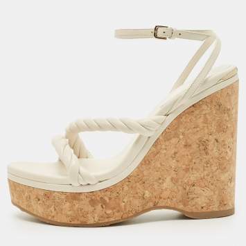Pre Owned Jimmy Choo Cream Leather Diosa Wedge Sandals Size 40