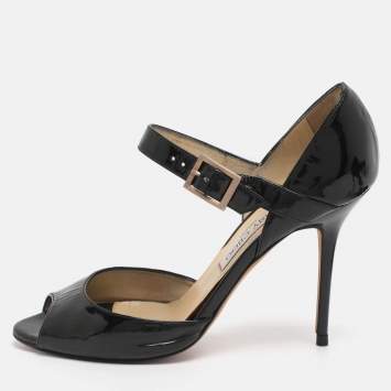 Pre Owned Jimmy Choo Black Patent Leather Ankle Strap Pumps Size 38.5