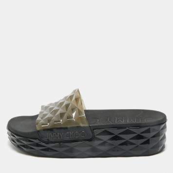 Pre Owned Jimmy Choo Grey Rubber Diamond Flat Sandals Size 38