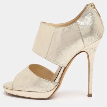 Pre Owned Jimmy Choo Gold Python Embossed Leather Private Peep Toe Sandals  Size 38