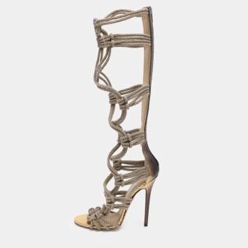 Pre Owned Jimmy Choo Gold/Beige Snake And Knot Rope Kanoder Knee Length Boots 38