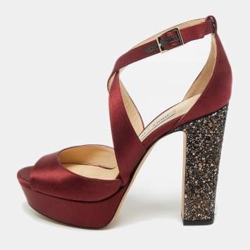 Pre Owned Jimmy Choo Burgundy Satin and Glitter April Platform Sandals Size 38