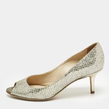 Pre Owned Jimmy Choo Silver Glitter Isabel Peep Toe Pumps Size 35.5