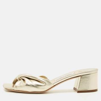 Pre Owned Jimmy Choo Gold Leather Avenue Slide Sandals Size 39.5