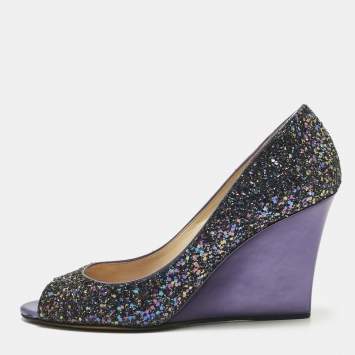 Pre Owned Jimmy Choo Purple Glitter Baxen Peep Toe Wedge Pumps Size 38.5