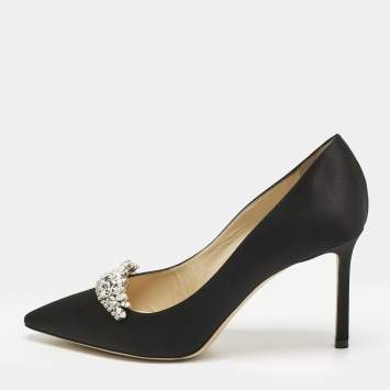 Pre Owned Jimmy Choo Black Satin Crystal Embellished Romy Pointed Toe Pumps Size 38.5
