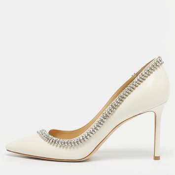 Pre Owned Jimmy Choo Cream Leather Crystal Embellished Romy Pointed Toe Pumps Size 39