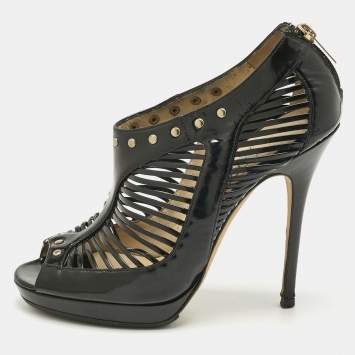 Pre Owned Jimmy Choo Black Patent Leather caged Open Toe Pumps Size 38