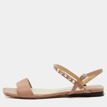 Pre Owned Jimmy Choo Beige Leather Aadra Ankle Strap Flat Sandals Size 40