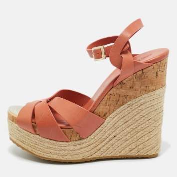 Pre Owned Jimmy Choo Brown Leather Platform Wedge Sandals Size 40.5