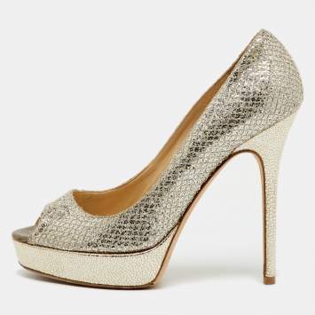 Pre Owned Jimmy Choo Metallic Gold Glitter Fabric Dahlia Peep Toe Platform Pumps Size 38.5