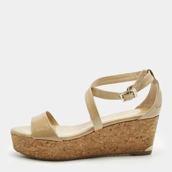 Pre Owned Jimmy Choo Beige Patent Leather Cork Wedge Cross Strap Sandals Size 40