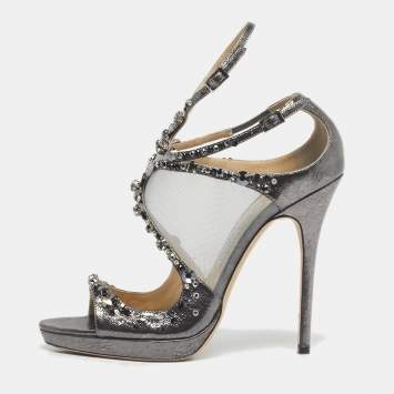 Pre Owned Jimmy Choo Silver Leather and Mesh Crystal Embellished Viola Sandals Size 38