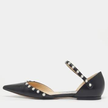 Pre Owned Jimmy Choo Black Leather Pearl Embellish Leema Ankle Strap Flats Size 38