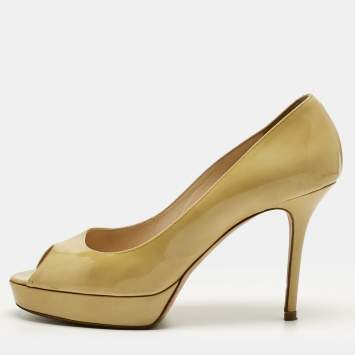 Pre Owned Jimmy Choo Beige Patent Leather Crown Peep Toe  Platform Pumps Size 40.5