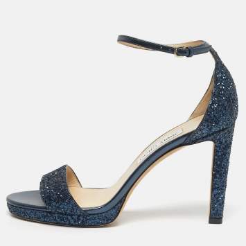 Pre Owned Jimmy Choo Metallic Blue Glitter and Leather Ankle Strap Sandals Size 40