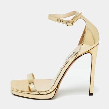 Pre Owned Jimmy Choo Gold Leather Alva Ankle Strap Sandals Size 38