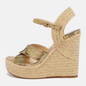 Pre Owned Jimmy Choo Gold Foil Leather Espadrille Wedge Sandals Size 37
