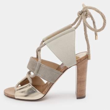 Pre Owned Jimmy Choo Grey/Gold Canvas and Leather Henni Cut Out Sandals Size 39