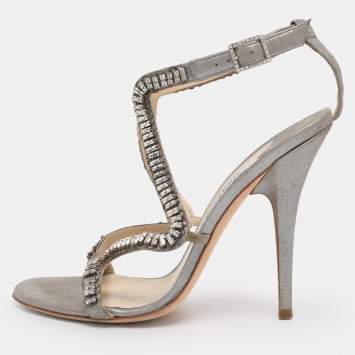 Pre Owned Jimmy Choo Metallic Grey Textured Suede Crystal Embellished Angel Sandals Size 38.5