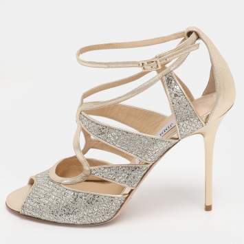 Pre Owned Jimmy Choo Gold Glitter and Lame Fabric Kelsey Strappy Sandals Size 39