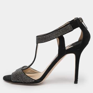 Pre Owned Jimmy Choo Black Suede Glint Rhinestone Strappy Sandals Size 38.5