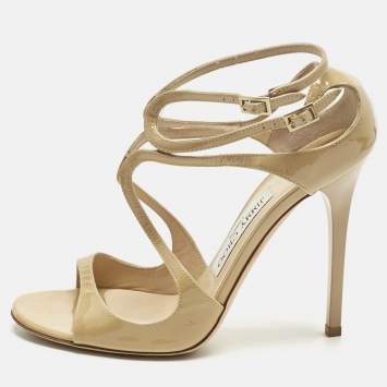 Pre Owned Jimmy Choo Beige Patent Leather Lance Ankle Strap Sandals Size 38