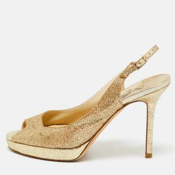 Pre Owned Jimmy Choo Gold Lurex Fabric verity Peep Toe Pumps Size 36