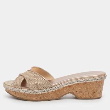 Pre Owned Jimmy Choo Gold Woven Raffia Panna Wedge Sandals Size 36