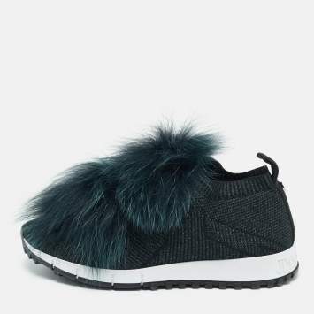 Pre Owned Jimmy Choo Green Fur and Lurex Fabric Norway Pom Pom Sneakers Size 36.5