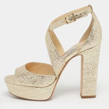 Pre Owned Jimmy Choo Gold Leather Carrie Block Heel Pumps Size 36